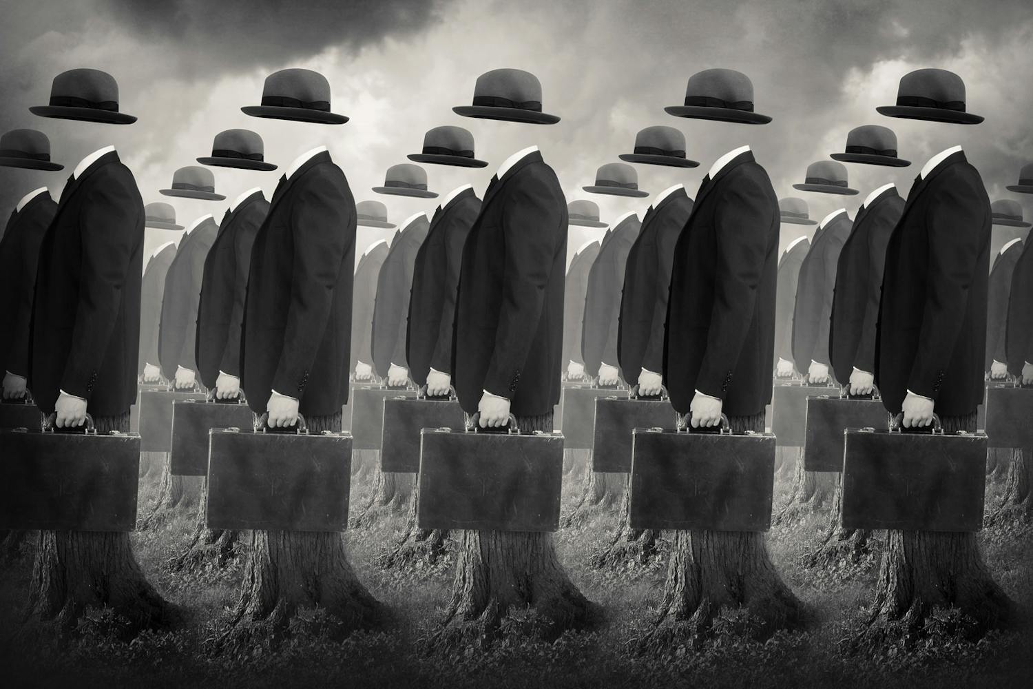 Skikkelser i jakkesæt med flyvende hatte og mapper